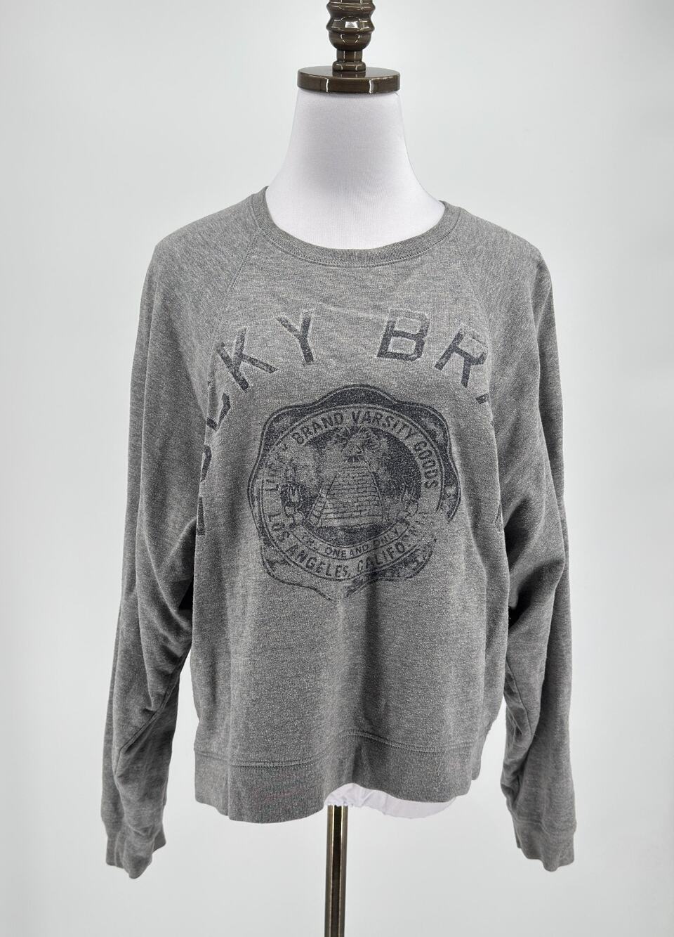 Lucky Brand Varsity Goods Heather Gray Logo Graphic Raglan Sweatshirt Sz S